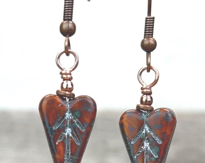 Burnt Orange Czech Glass Heart Leaf Dangle Earrings -Chose Ear Wire