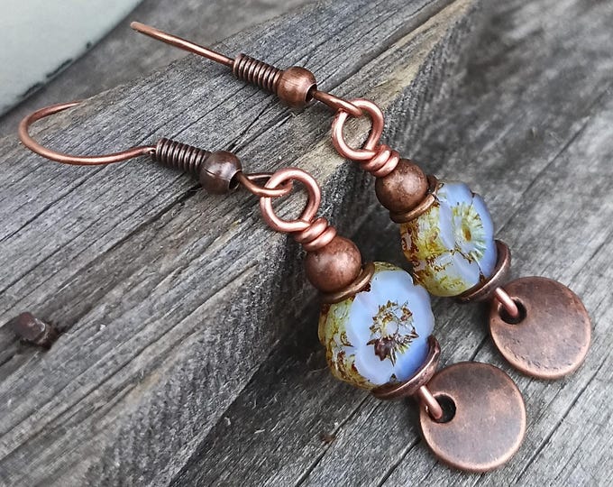 Lilac Petite Pansy Czech Glass Flower & Copper Coin Earrings, Hypoallergenic - Chose Ear Wire