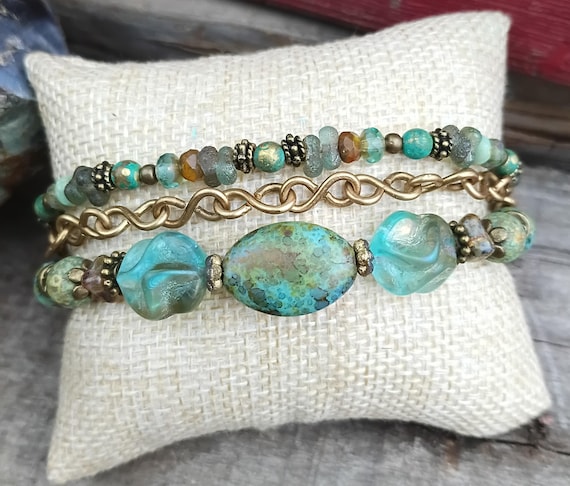 Multi Strand Czech Glass Bracelet, Aqua Picasso Beads, Adjustable Boho Jewelry