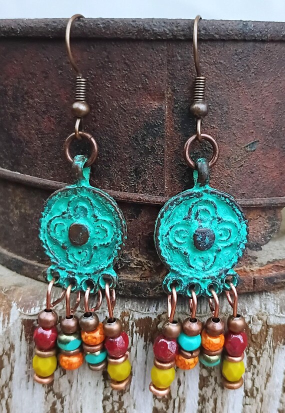 Patina Blue Mykonos Coin Dangle Earrings, Czech Glass Beads, Copper hypoallergenic ear wires.