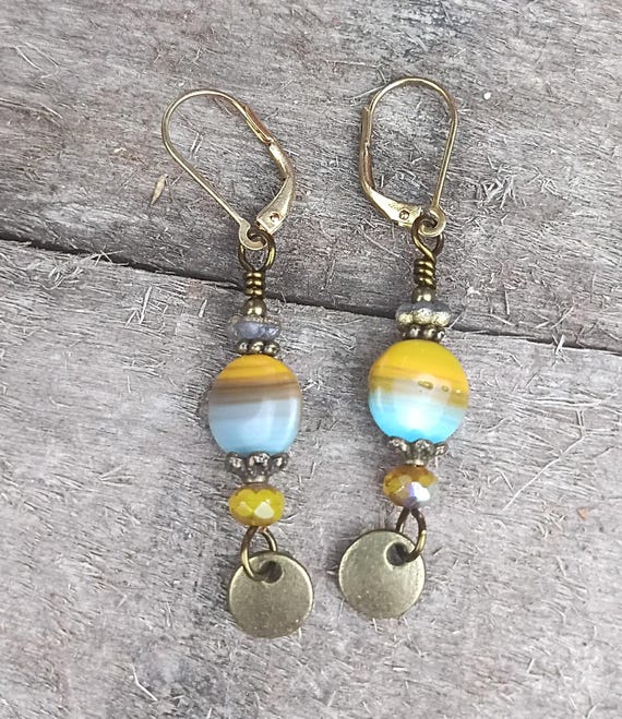Bohemian Czech Glass Earrings, Sunset and Bronze