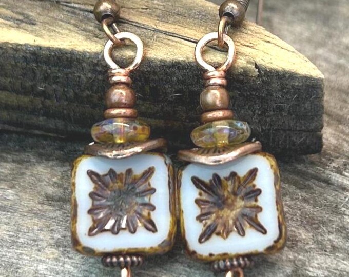 Opaque Rustic White Czech Glass Square & Coin Dangle Earrings