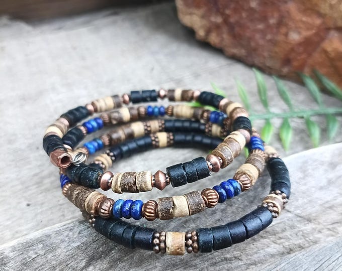 Men's Lapis, Coconut Shell with Copper Memory Wire Wrap Beaded Bracelet