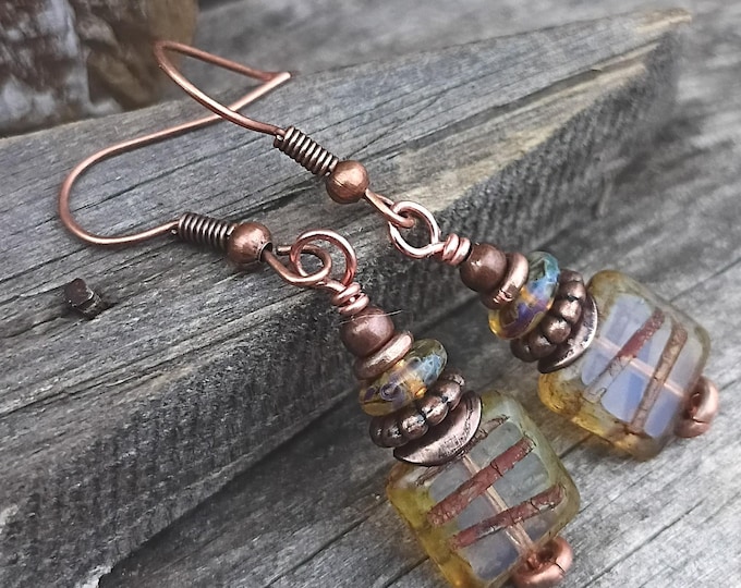 Rustic Amber Honey Grooves Small Dangle Earrings