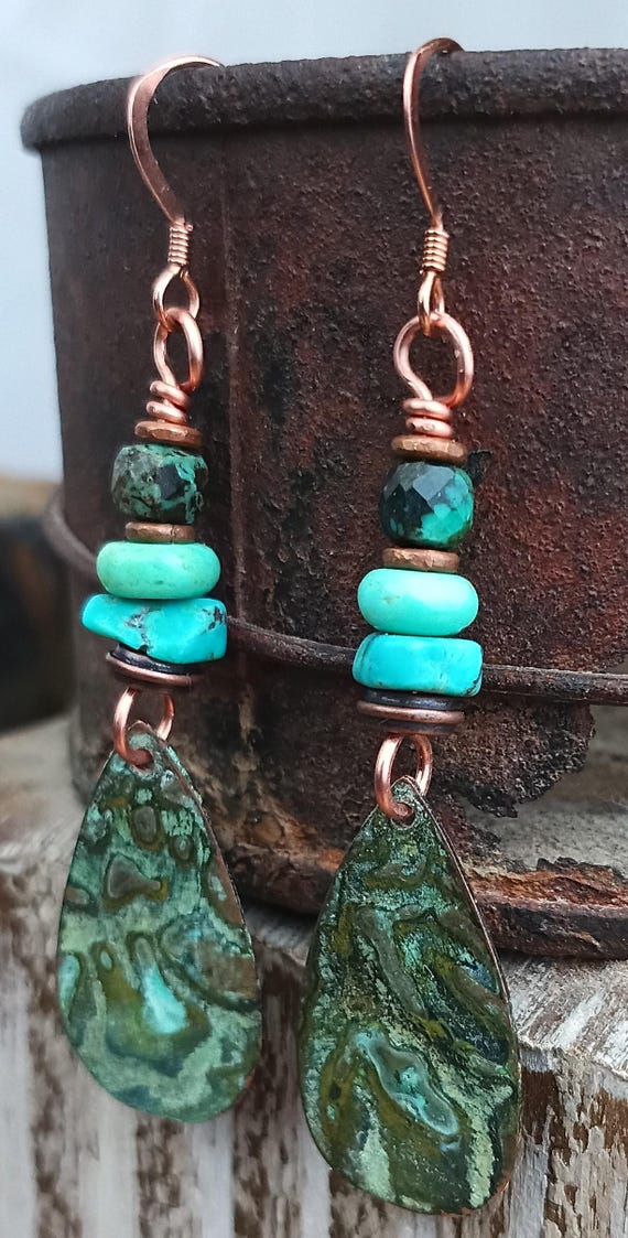 Teardrop Patina Copper Dangle Earrings With Genuine Turquoise
