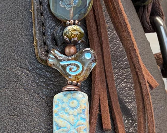 Flowers & Birds Czech Glass Beaded Keychain- Purse Tassel- Copper Bird Charm