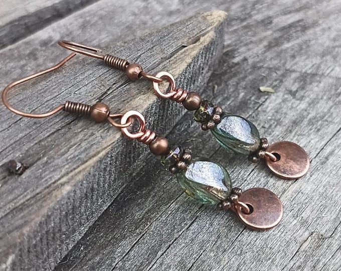 Pine Green & Coin Dangle Earrings- Earthy - Choice of Hypoallergenic Ear Wire