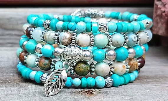 Boho Stackable Memory Wire Wrap Beaded Bracelet, Silver, Turquoise Blue with Charms.