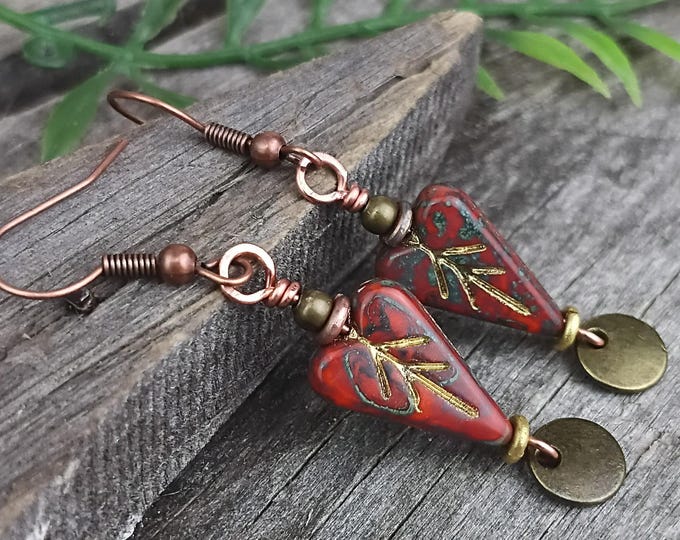 Boho Burnt Orange Czech Glass Heart Leaf Dangle Earrings - Mixed Metal -Choice of Hypoallergenic Ear Wire