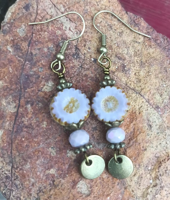 Light Purple and Bronze Czech Glass Earrings, hypoallergenic ear wires.
