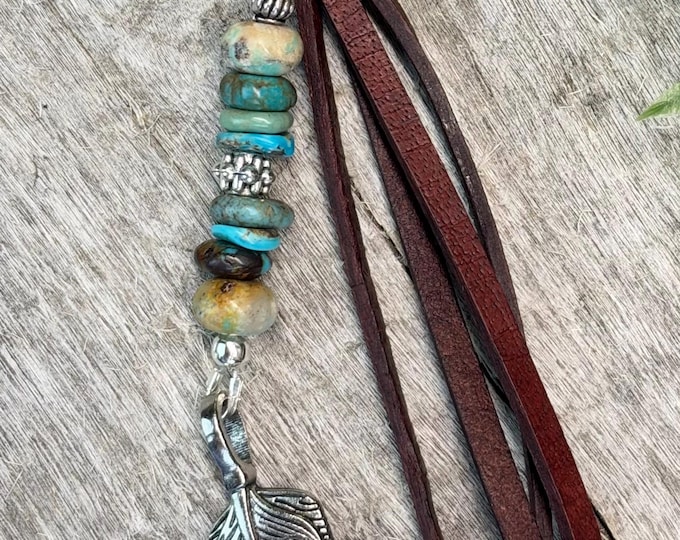 Leather, Genuine Turquoise & Silver Tone Feather Bohemian Bag Charm - Handbag Accessory