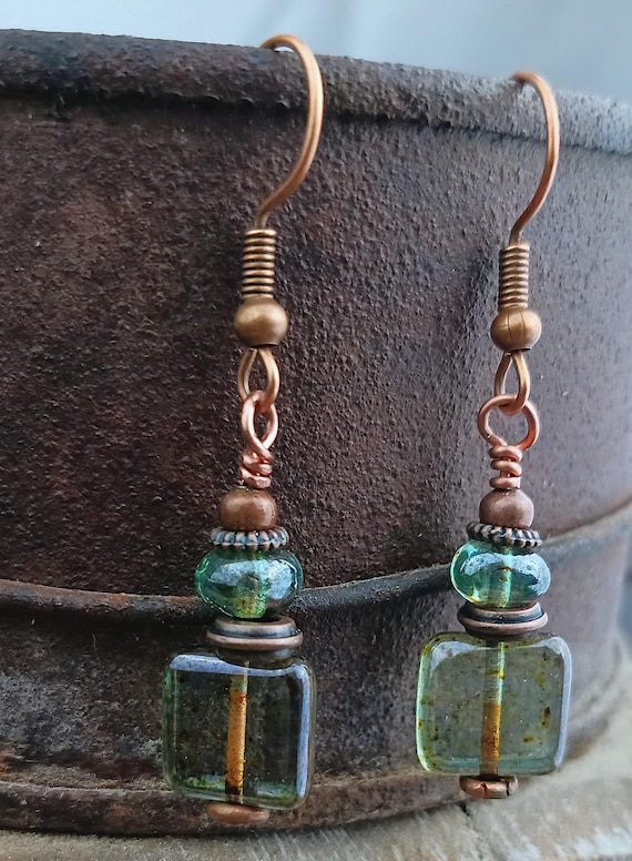 Earthy Pine Square Czech glass Beaded Earrings, hypoallergenic Copper ear wires. Luster Picasso