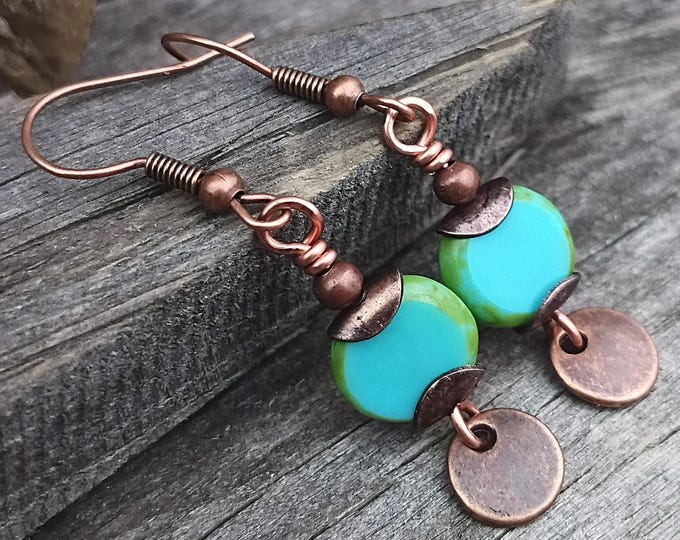 Satin Turquoise - Earthy Czech Glass & Copper Coin Bohemian Dangle Earrings, Hypoallergenic - Chose Ear Wire