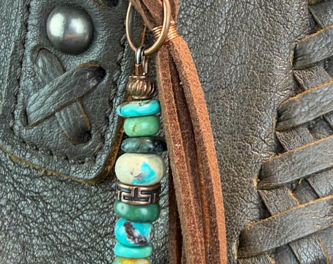 Copper Feather, Genuine Turquoise Boho Beaded Bag Charm Tassel - Minimalist
