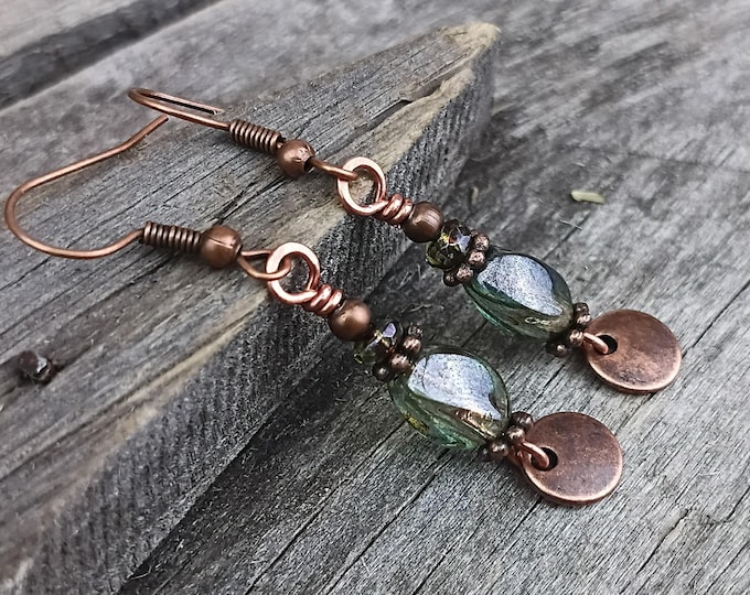 Earthy Pine Green Czech Glass & Copper Coin Dangle Earrings, Choice of Hypoallergenic Ear Wire