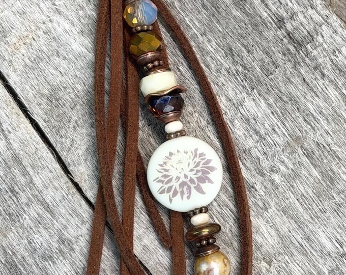 Ivory & Copper Dahlia Flower Beaded Bag Charm - Purse Tassel - Minimalist