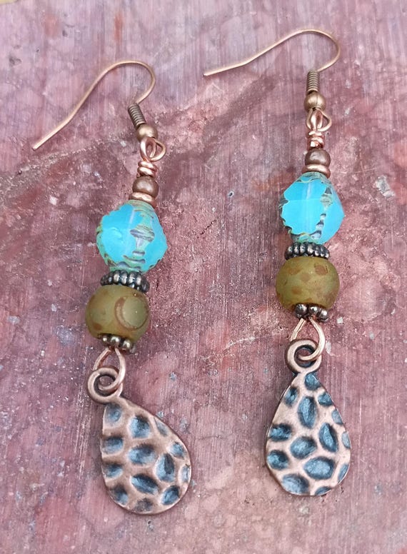 Czech Glass Beaded Earrings, Hypoallergenic ear wires, Copper Hammered Teardrop dangle.