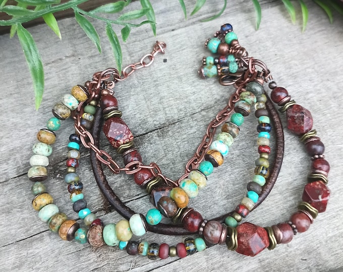 Turquoise & Jasper Gemstone Multi Strand Bracelet, Mixed Metal and Leather, Adjustable
