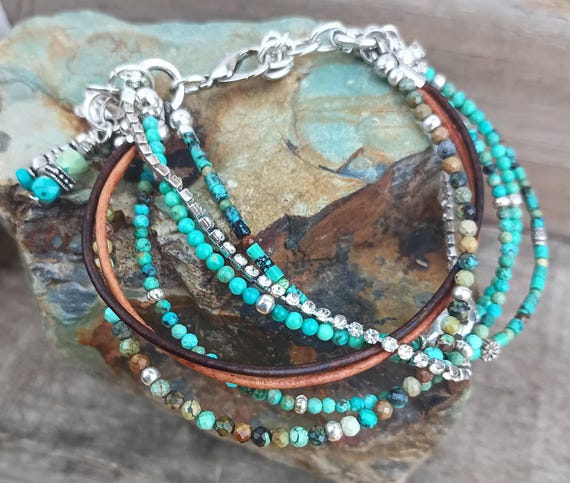 Multi Strand Turquoise Beaded Bracelet, Sterling Silver Leather Rhinestone Dainty Boho Style