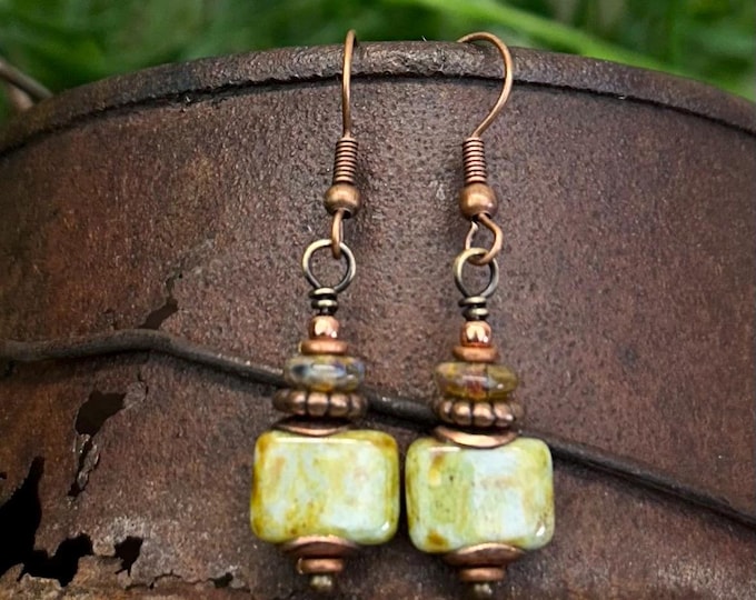 Earthy Sage Picasso Czech Rectangle Small Dangle Earrings- Chose Ear Wire
