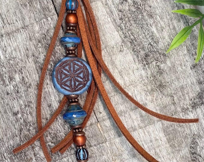 Cornflower Blue Minimalist Beaded Keychain- Purse Charm - Faux Leather - Copper Flower Charm