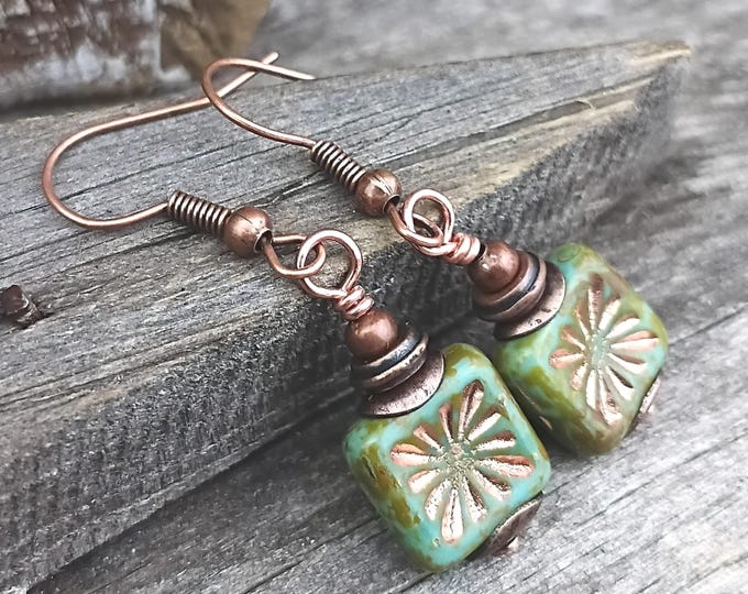 Earthy Green Square Kiwi Dangle Earrings