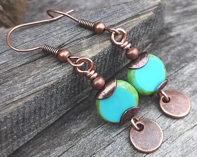 Satin Turquoise - Earthy Czech Glass & Copper Coin Bohemian Dangle Earrings, Hypoallergenic - Chose Ear Wire