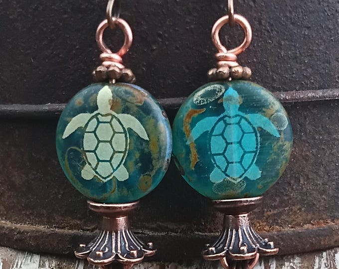Sea Turtle Aqua/Teal Blue Chandelier Dangle Earrings, Copper Accents, Nature Inspired, Bohemian Earrings - Hypoallergenic