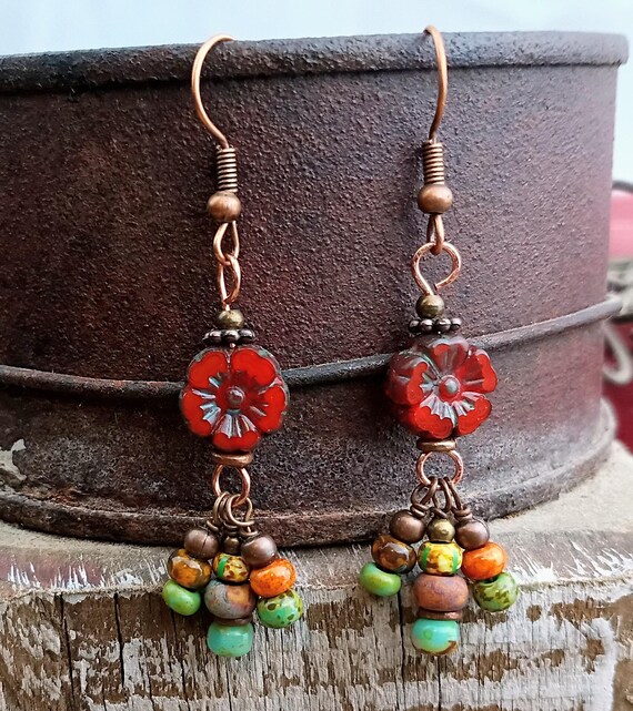 Czech Hibiscus Flower Bohemian Earrings, Burnt Orange