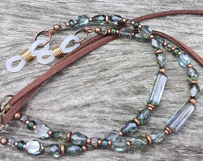Earthy Montana & Pine Blue Czech Glass Beaded Eyeglasses Cord - Faux Leather Strap