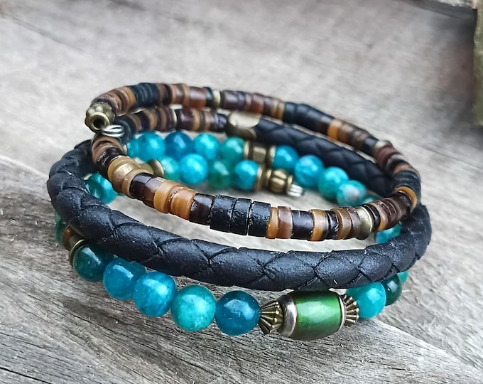 Men's Mood Bead & Apatite Memory Wire Wrap Bracelet with Black Braided Leather and Shell