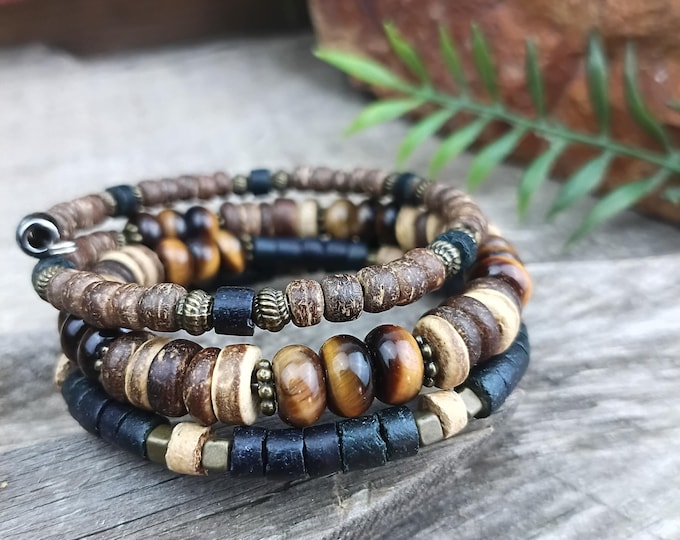 Men's Tiger Eye & Coconut Shell Memory Wire Wrap Beaded Bracelet with Bronze accents.