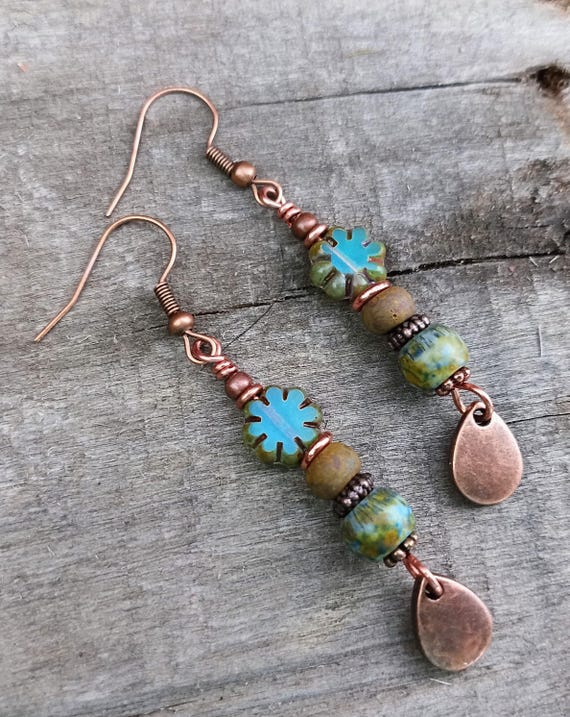 Czech Glass Beaded Earrings with Picasso finish, Copper Teardrop Dangle. Earthy, Rustic Boho Earrings