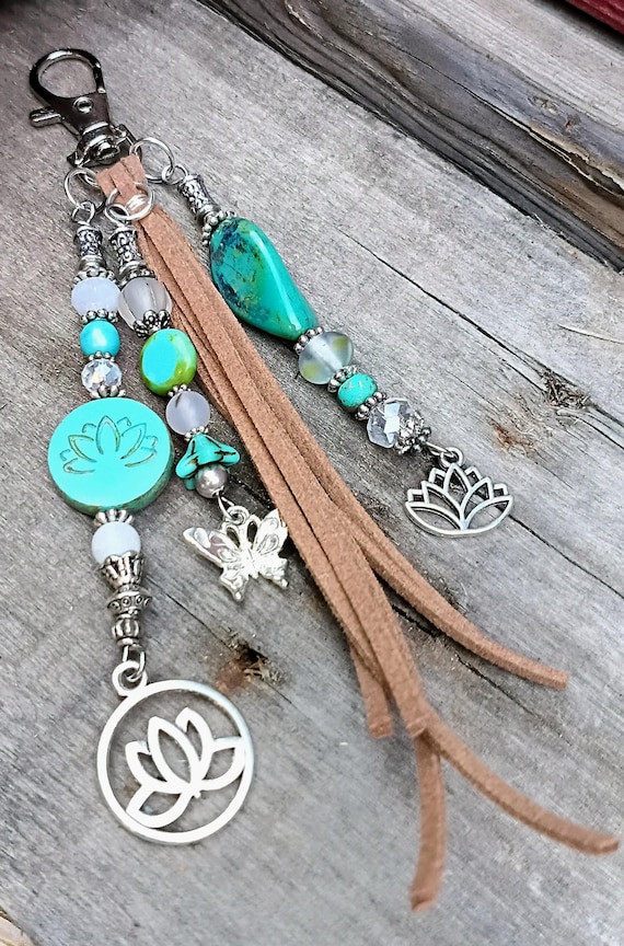 Czech Glass Beaded Keychain zipper pull, Silver Charms