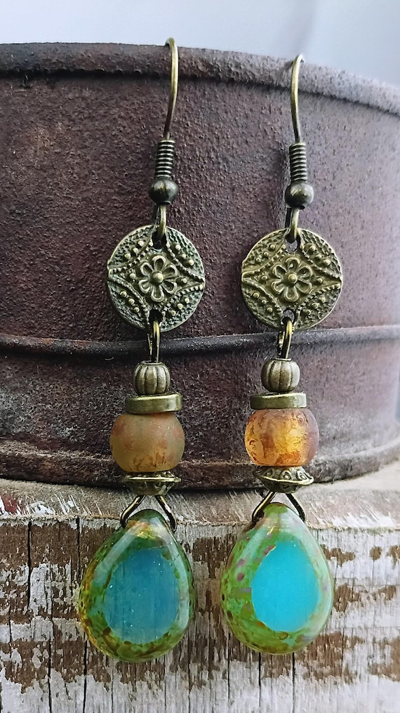 Milky Aqua Briolette Czech glass Earrings, Antique Bronze Flower Coin Charm Earrings