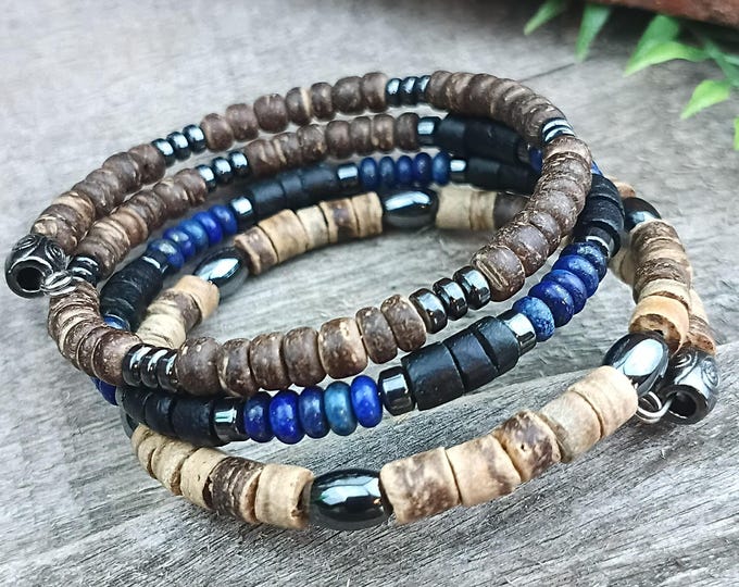 Men's Memory Wire Wrap Beaded Bracelet, Lapis, Hematite, Brown and Black Coconut Shell