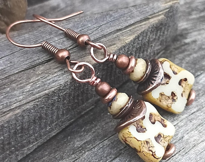 Opaque Beige Carved Square & Copper Accent's Small Dangle Earrings