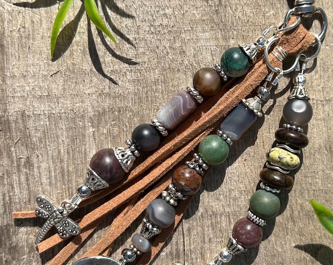 She Believed & Dragonfly Beaded Keychain with Gemstones- Bag Charm’s - Purse Jewelry - Handbag Accessory