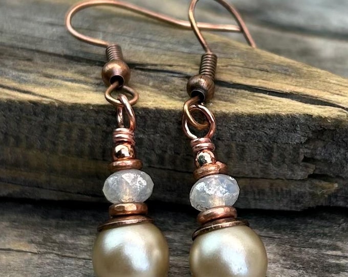 Satin Taupe Czech Glass Pearl Dangle Earring's, Copper Accent's - Choice of Hypoallergenic Ear Wire