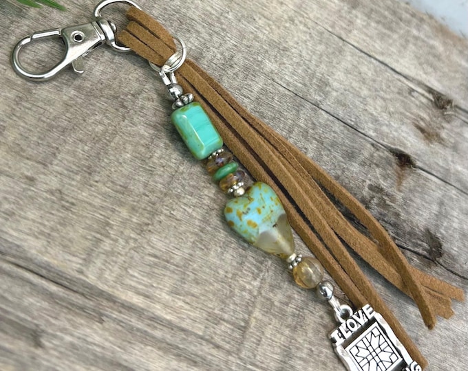 I Love Quilting & Czech Glass Beaded Keychain- Bag Charm’s- Handbag Accessory- Minimalist