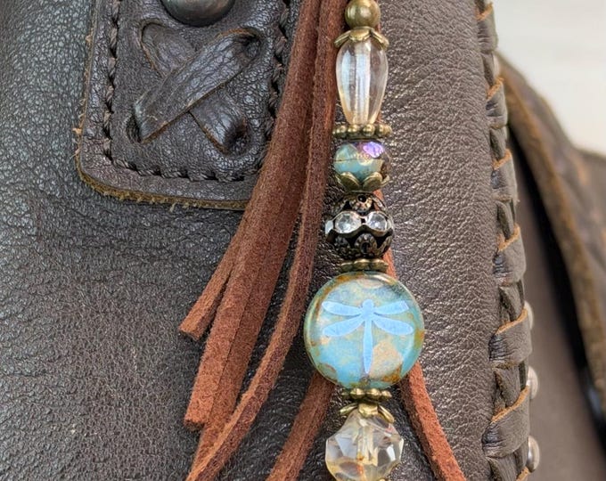 Minimalist Dragonfly Beaded Bag Charm- Purse Tassel, Antique Look