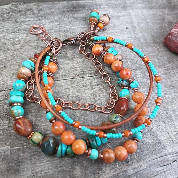 Apple Coral & Turquoise Multi Strand Bracelet with Leather and Chain, Adjustable