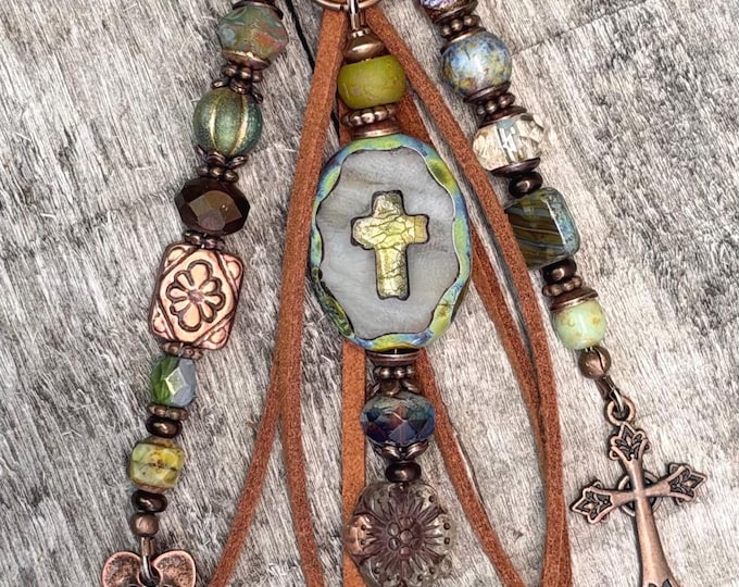 Czech Glass Cross + Never Never Give Up Beaded Bag Charm - Handbag Accessory