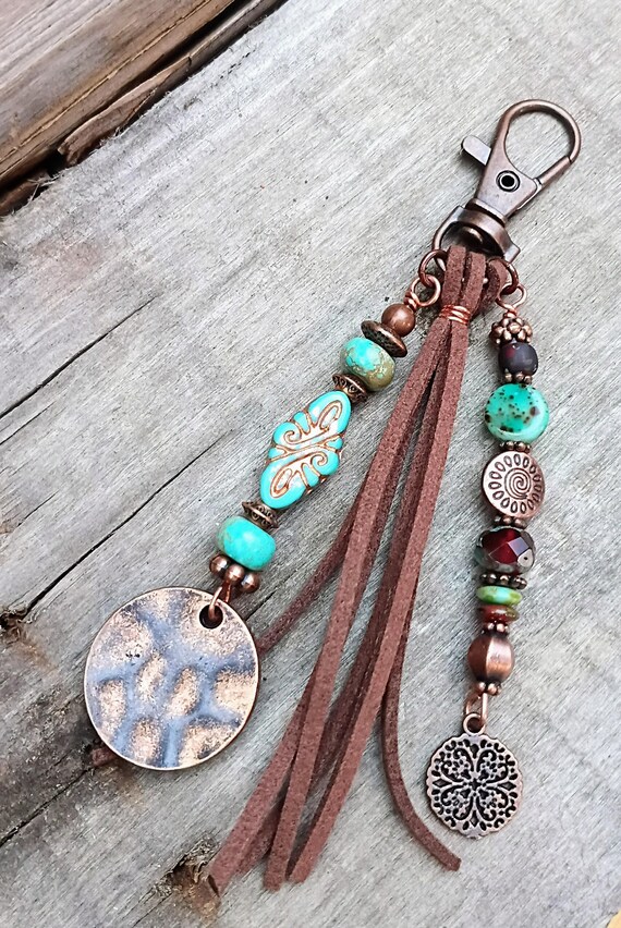 Beaded Keychain zipper pull with Czech glass beads, copper charms and spacers