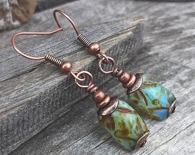 Carved Rectangle Czech Glass Dangle Earrings