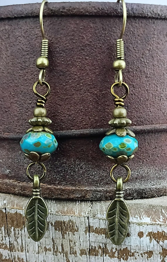 Turquoise Blue Picasso Rondelle Czech glass, Bronze Leaf Charm Dangle Earrings, Hypoallergenic ear wires