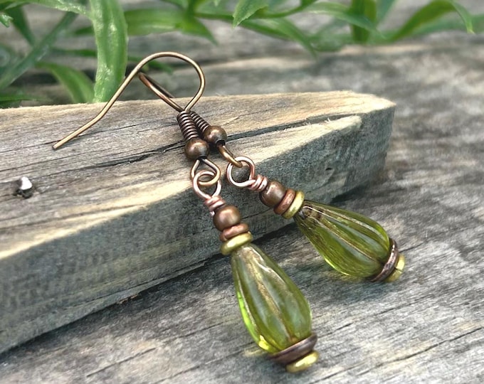 Olive Green Melon Drop & Mixed Metal Czech Glass Earrings- Chose Style - Chose Ear Wire