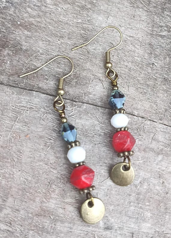 Red, White and Blue Czech Glass Dangle earrings, Bronze, Hypoallergenic ear wires.