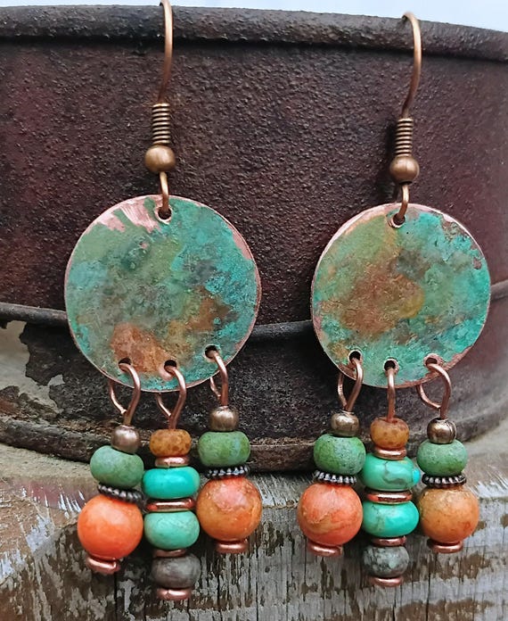 Patina Copper Coin Dangle Earrings, Turquoise with Apple Coral
