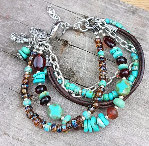 Turquoise, Baltic Amber Multi Strand Bracelet, Picasso glass seed beads, Leather and Silver chain. Adjustable